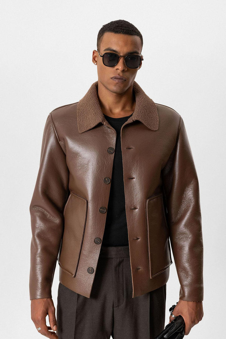 ANT Lining Detailed Faux Leather Men's Coat - Draper