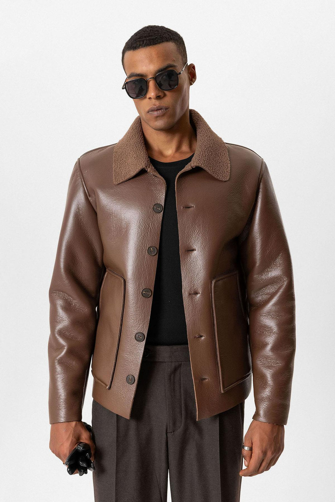 ANT Lining Detailed Faux Leather Men's Coat - Draper