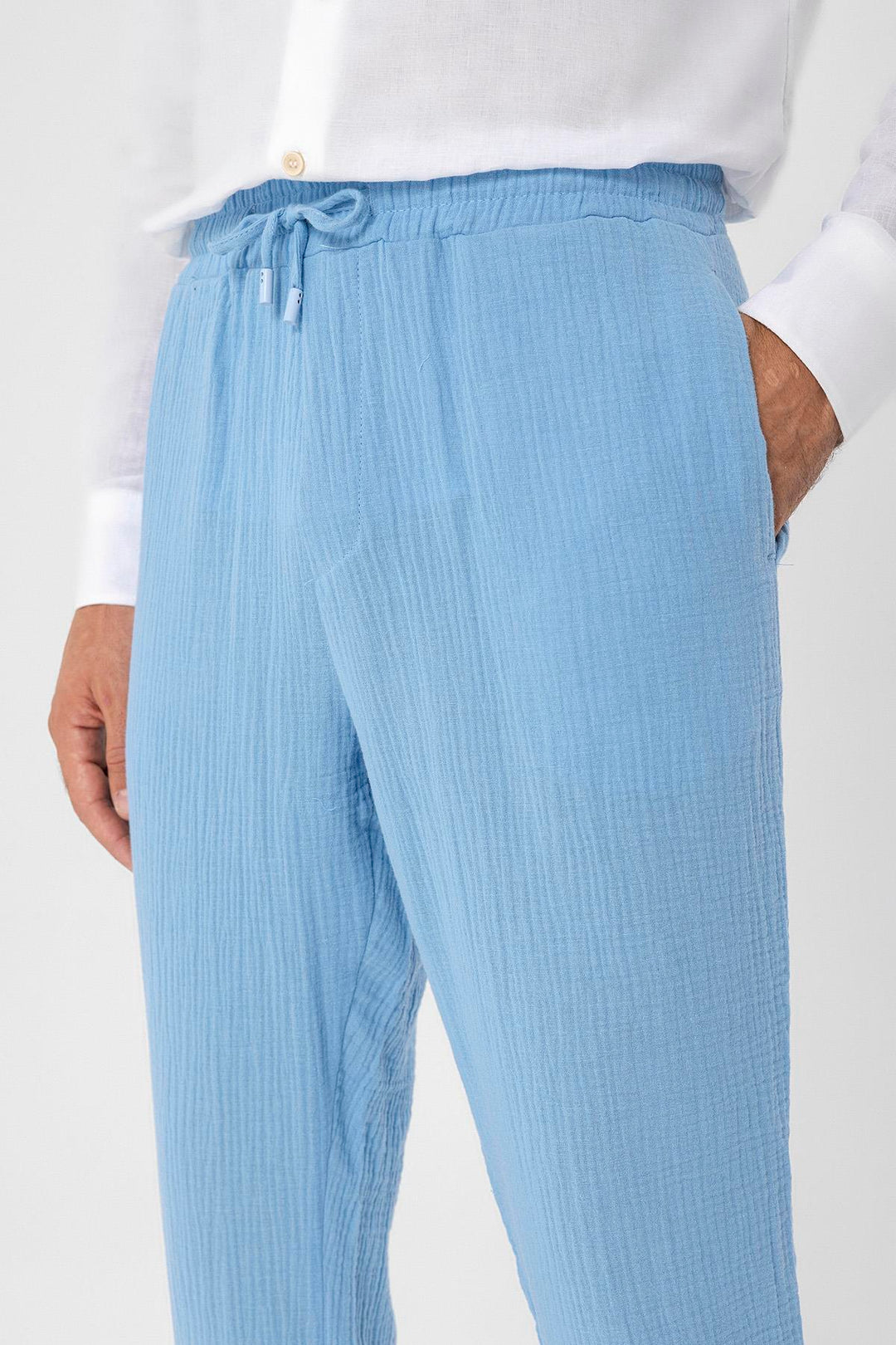 ANT Antioch Light Blue High Waisted Muslin Fabric Men's Pants with Drawstring Waist - Maple Grove