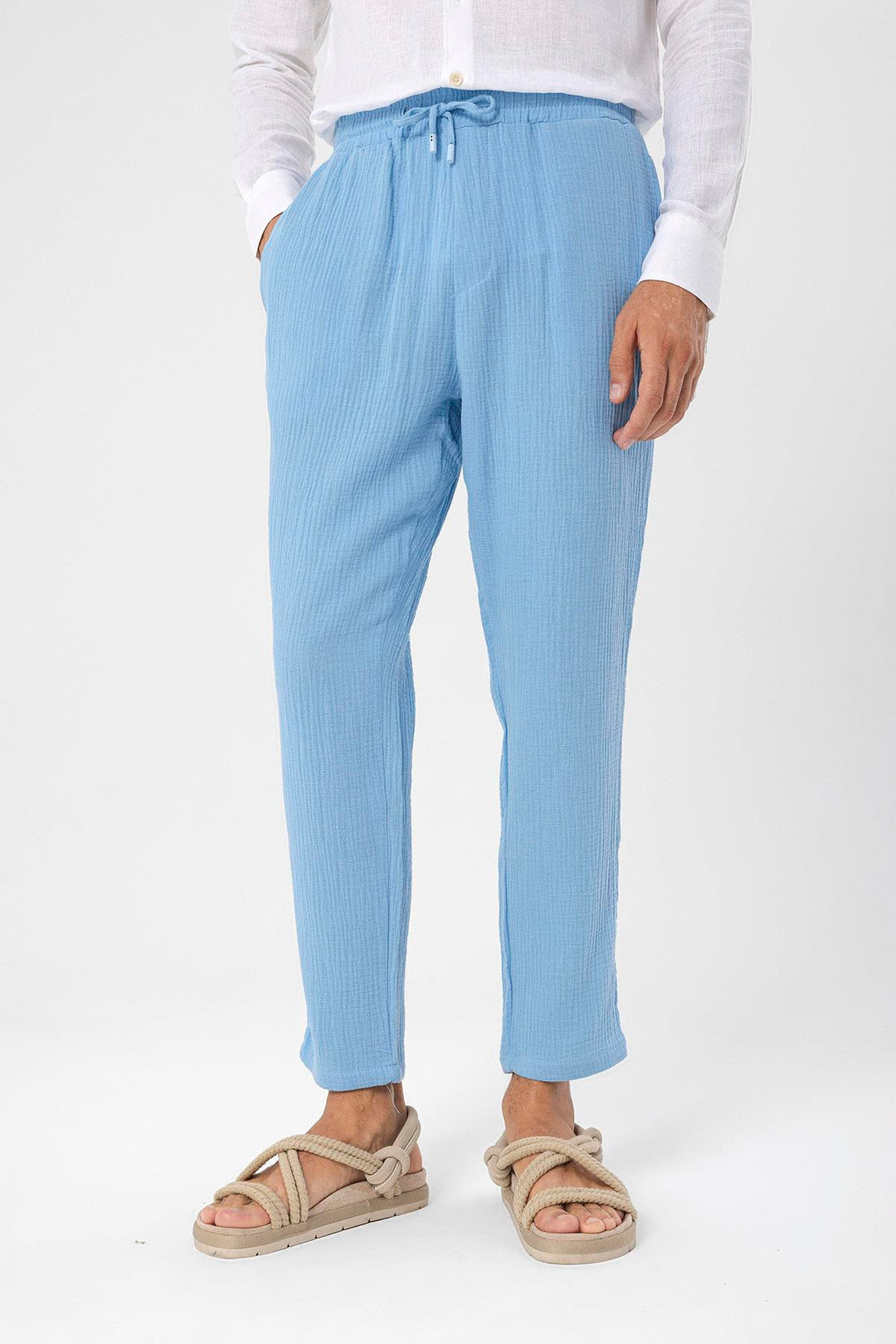 ANT Antioch Light Blue High Waisted Muslin Fabric Men's Pants with Drawstring Waist - Maple Grove