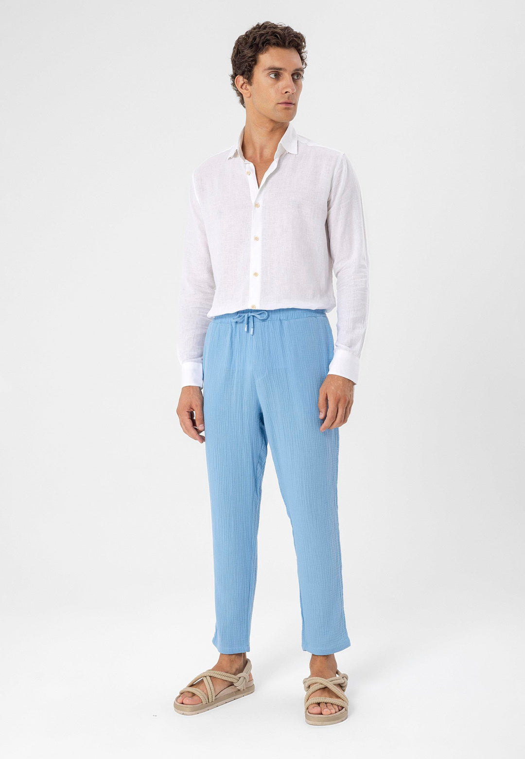 ANT Antioch Light Blue High Waisted Muslin Fabric Men's Pants with Drawstring Waist - Maple Grove