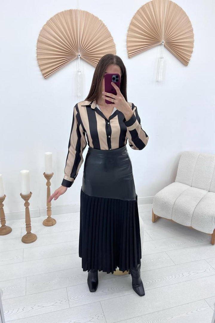 ELS High-Waisted Leather Trimmed Skirt - Black - Babylon