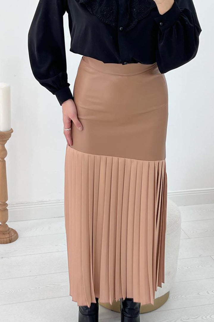 ELS High-Waisted Leather Trimmed Skirt - Mink - Newport