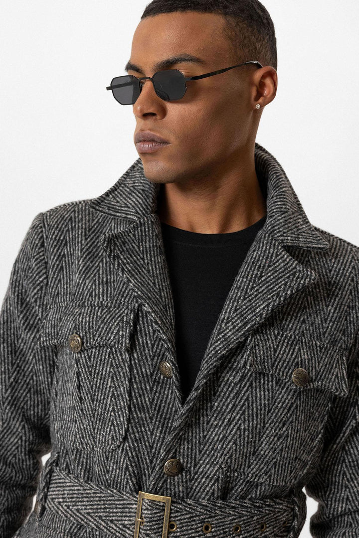 ANT Herringbone Patterned Belted Men's Coat - Braşov