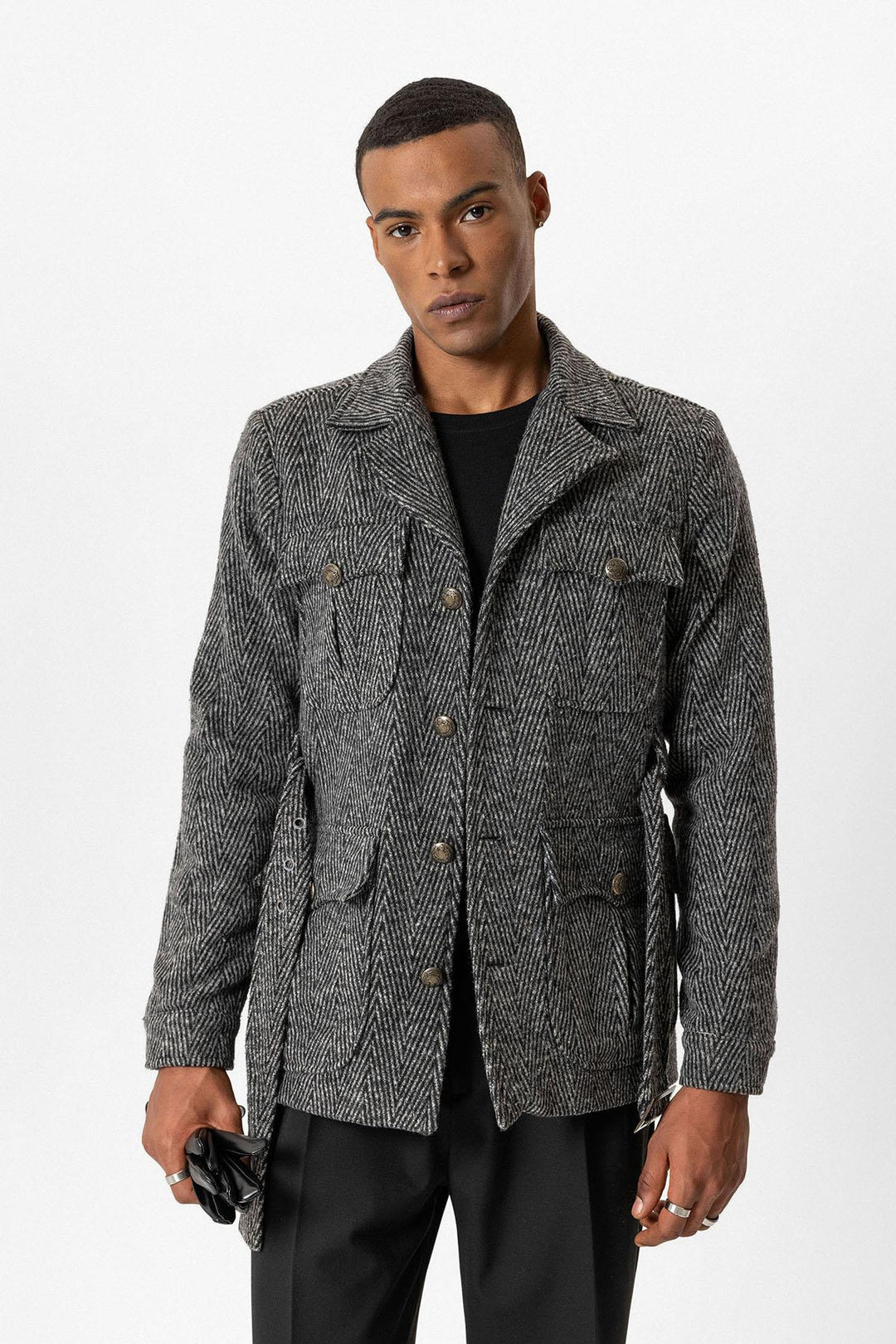 ANT Herringbone Patterned Belted Men's Coat - Braşov