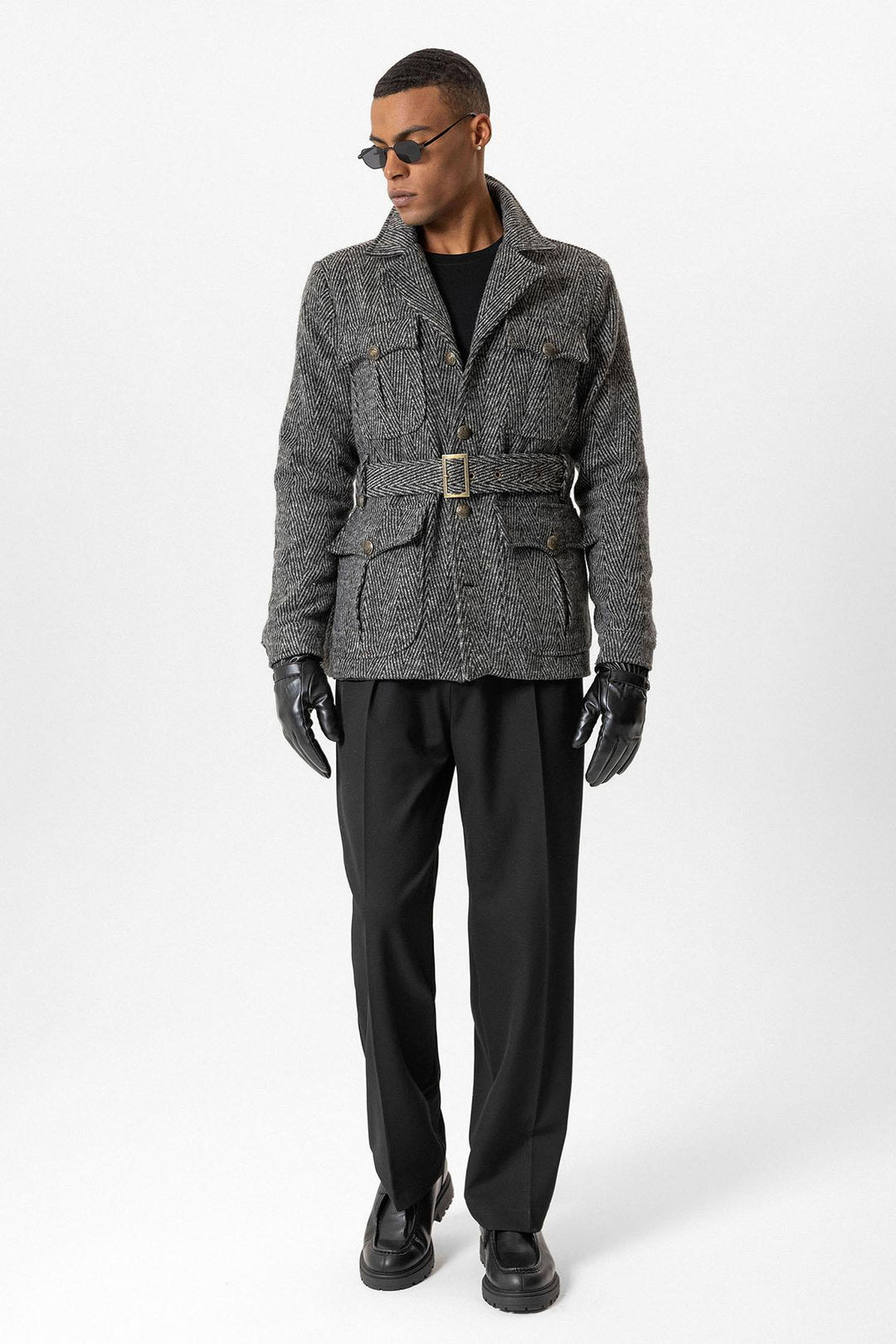 ANT Herringbone Patterned Belted Men's Coat - Braşov
