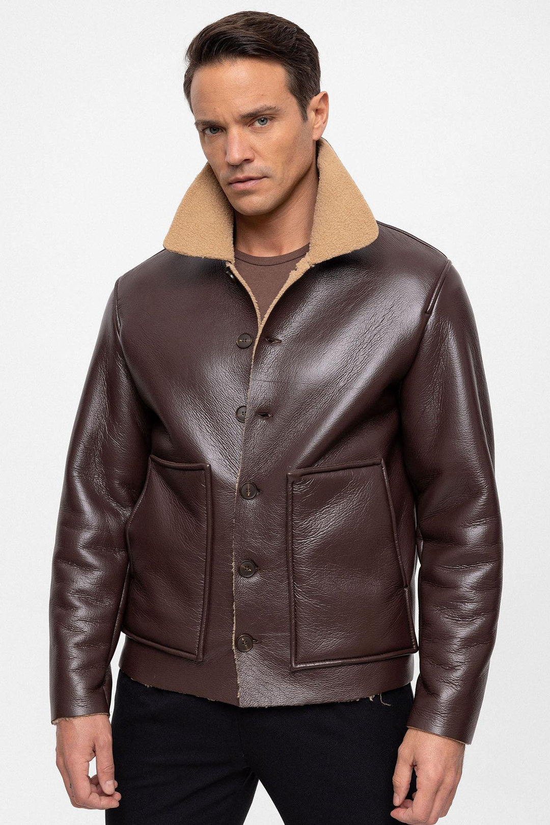 ANT Lining Detailed Faux Leather Men's Coat - Greenwood