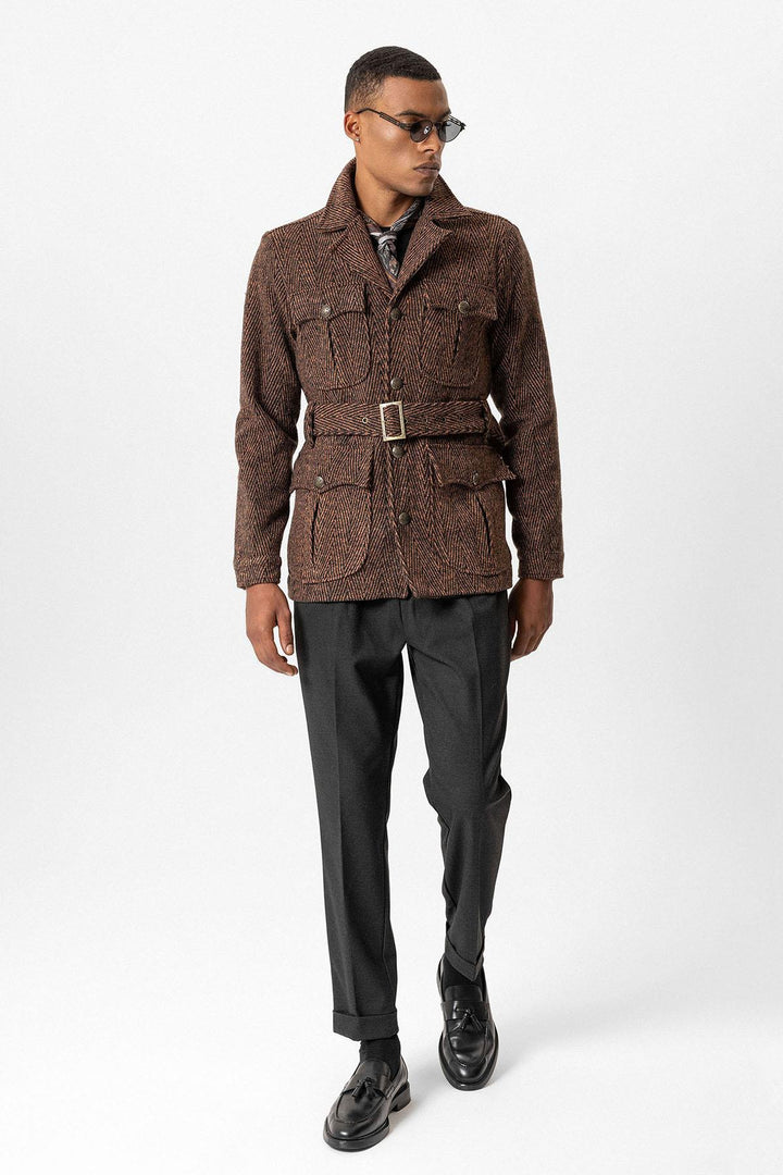 ANT Herringbone Patterned Belted Men's Coat - San Pedro Garza García