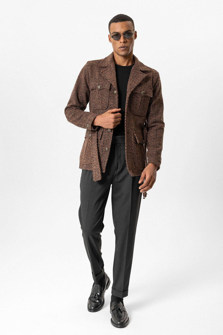 ANT Herringbone Patterned Belted Men's Coat - San Pedro Garza García