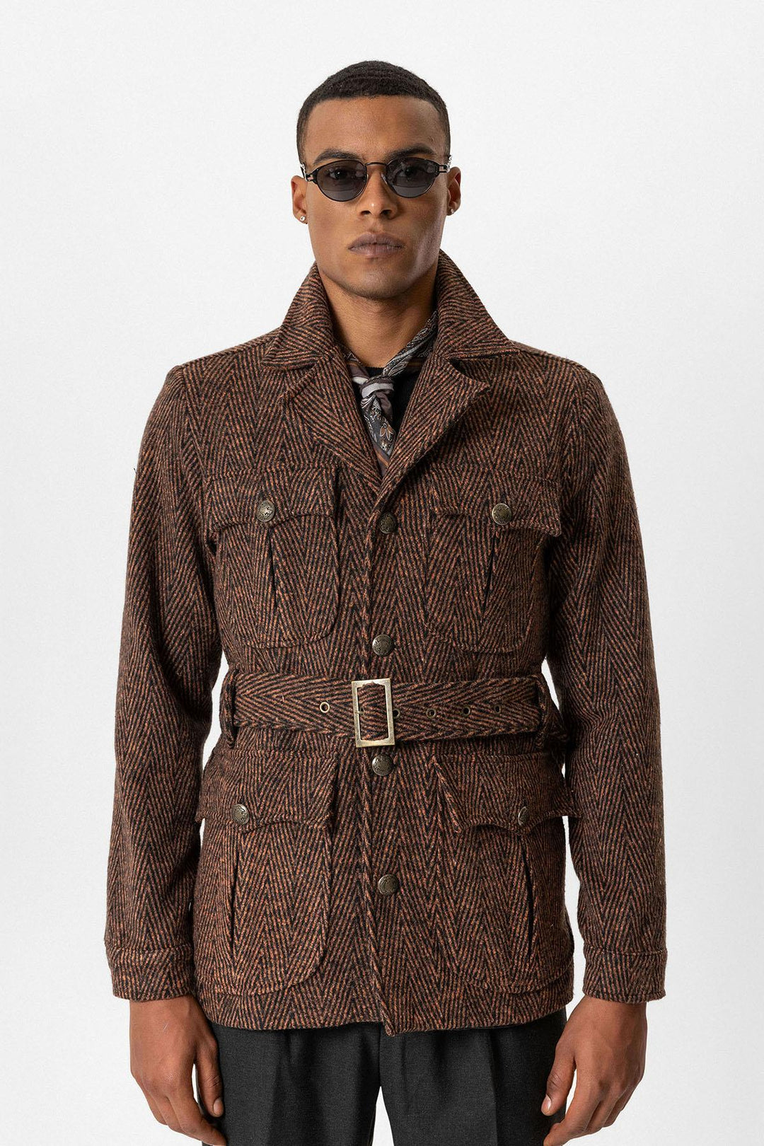 ANT Herringbone Patterned Belted Men's Coat - San Pedro Garza García