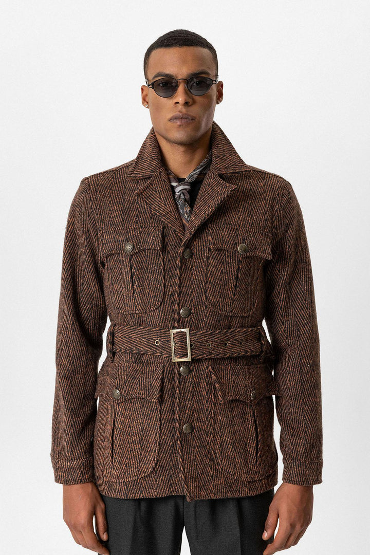 ANT Herringbone Patterned Belted Men's Coat - San Pedro Garza García