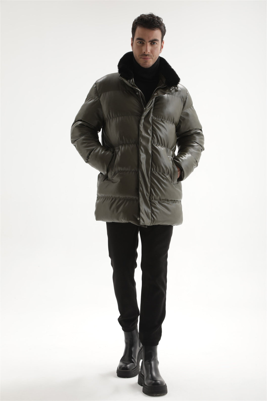 ANT Men's Fur Collar Faux Leather Long Down Coat - Murfreesboro