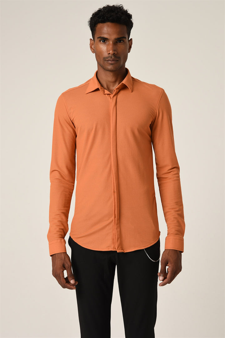 ANT Men's Hidden Button Long Sleeve Slim Fit Knitwear Shirt - Georgetown