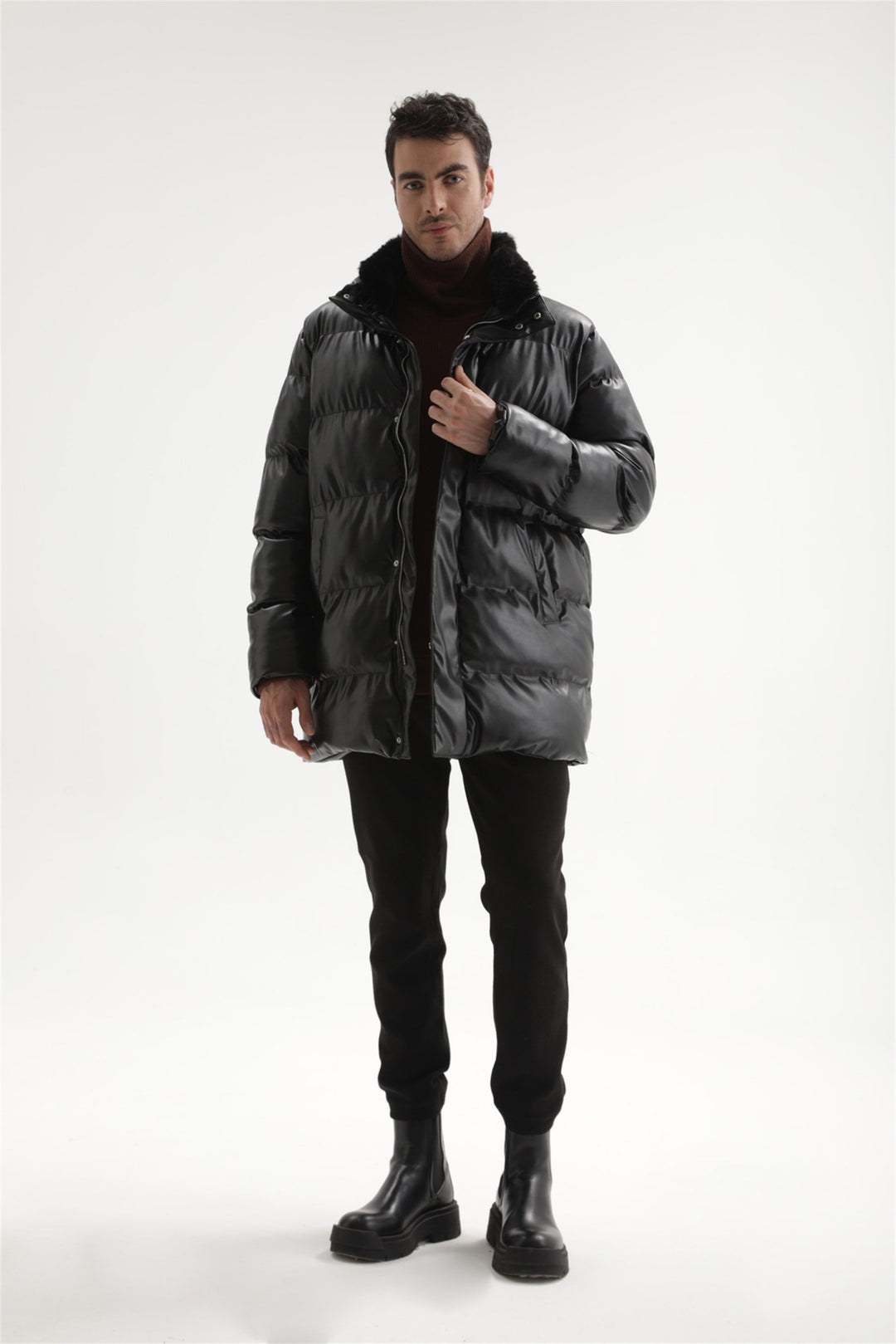 ANT Men's Fur Collar Faux Leather Long Down Coat - Durango