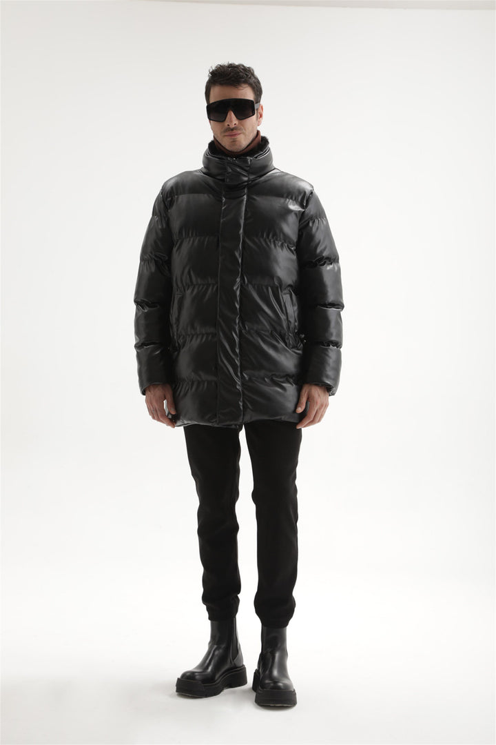 ANT Men's Fur Collar Faux Leather Long Down Coat - Durango