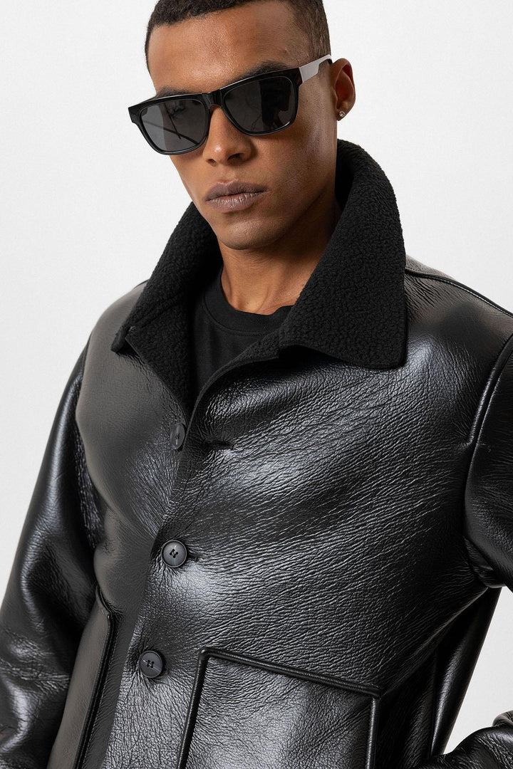 ANT Lining Detailed Faux Leather Men's Coat - Campobasso