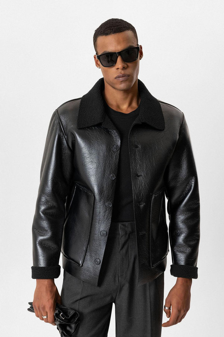 ANT Lining Detailed Faux Leather Men's Coat - Campobasso