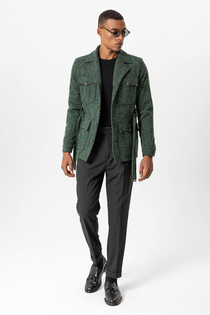 ANT Herringbone Patterned Belted Men's Coat - Pioltello