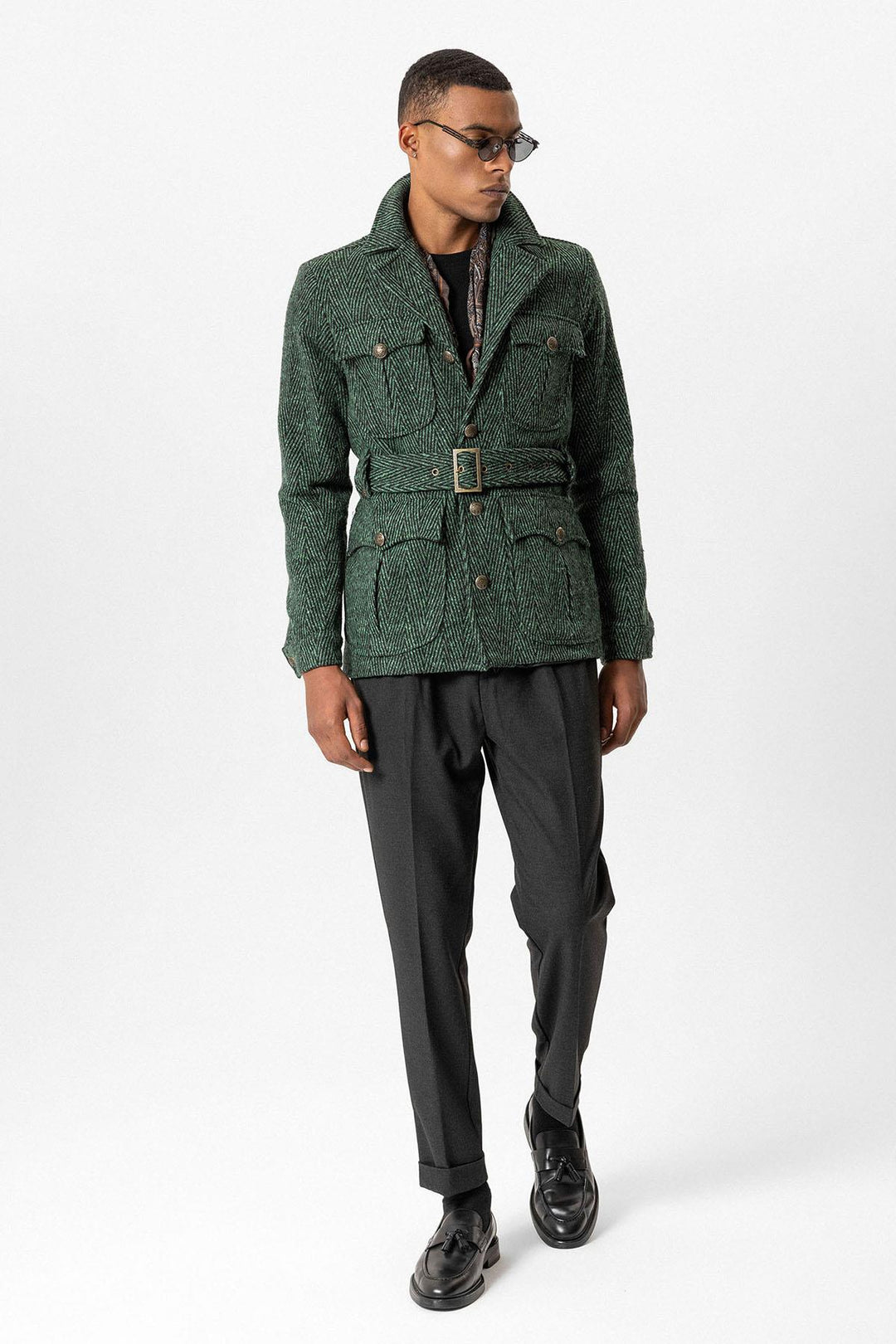 ANT Herringbone Patterned Belted Men's Coat - Pioltello