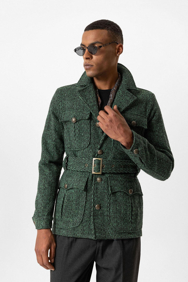 ANT Herringbone Patterned Belted Men's Coat - Pioltello