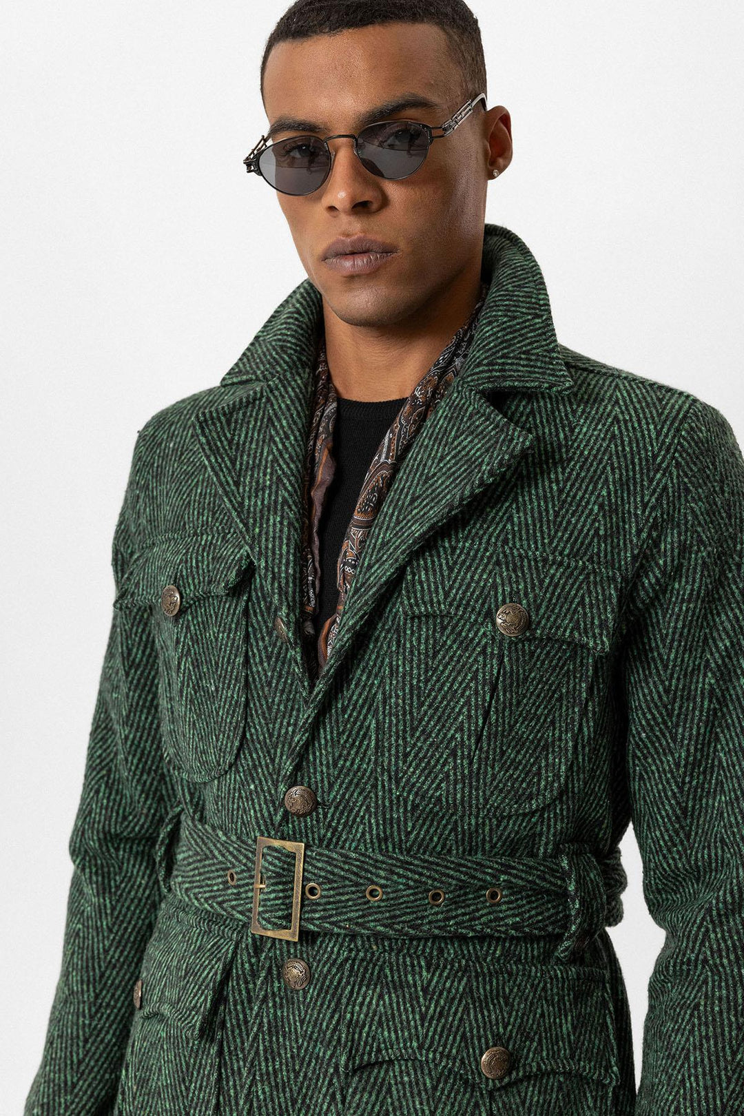 ANT Herringbone Patterned Belted Men's Coat - Pioltello