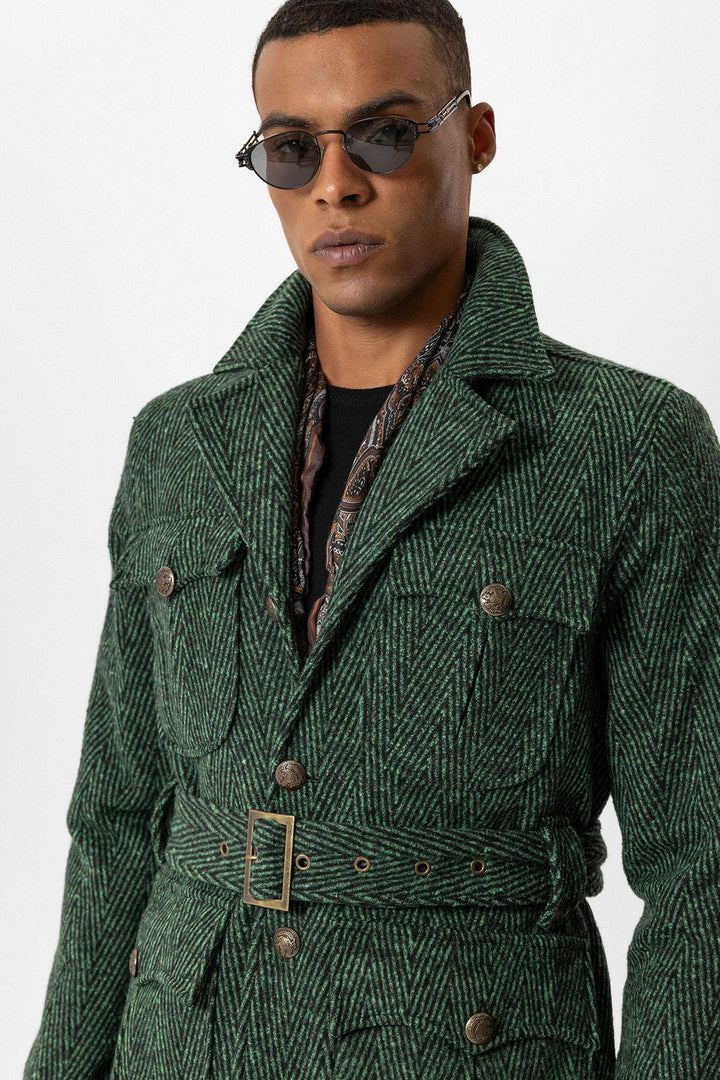 ANT Herringbone Patterned Belted Men's Coat - Pioltello