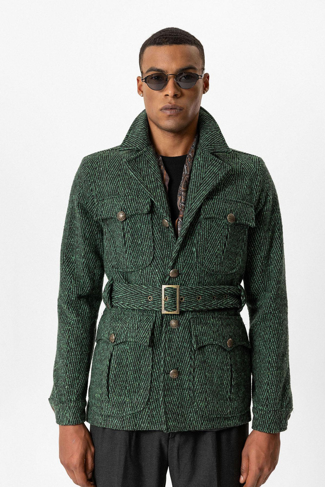ANT Herringbone Patterned Belted Men's Coat - Pioltello