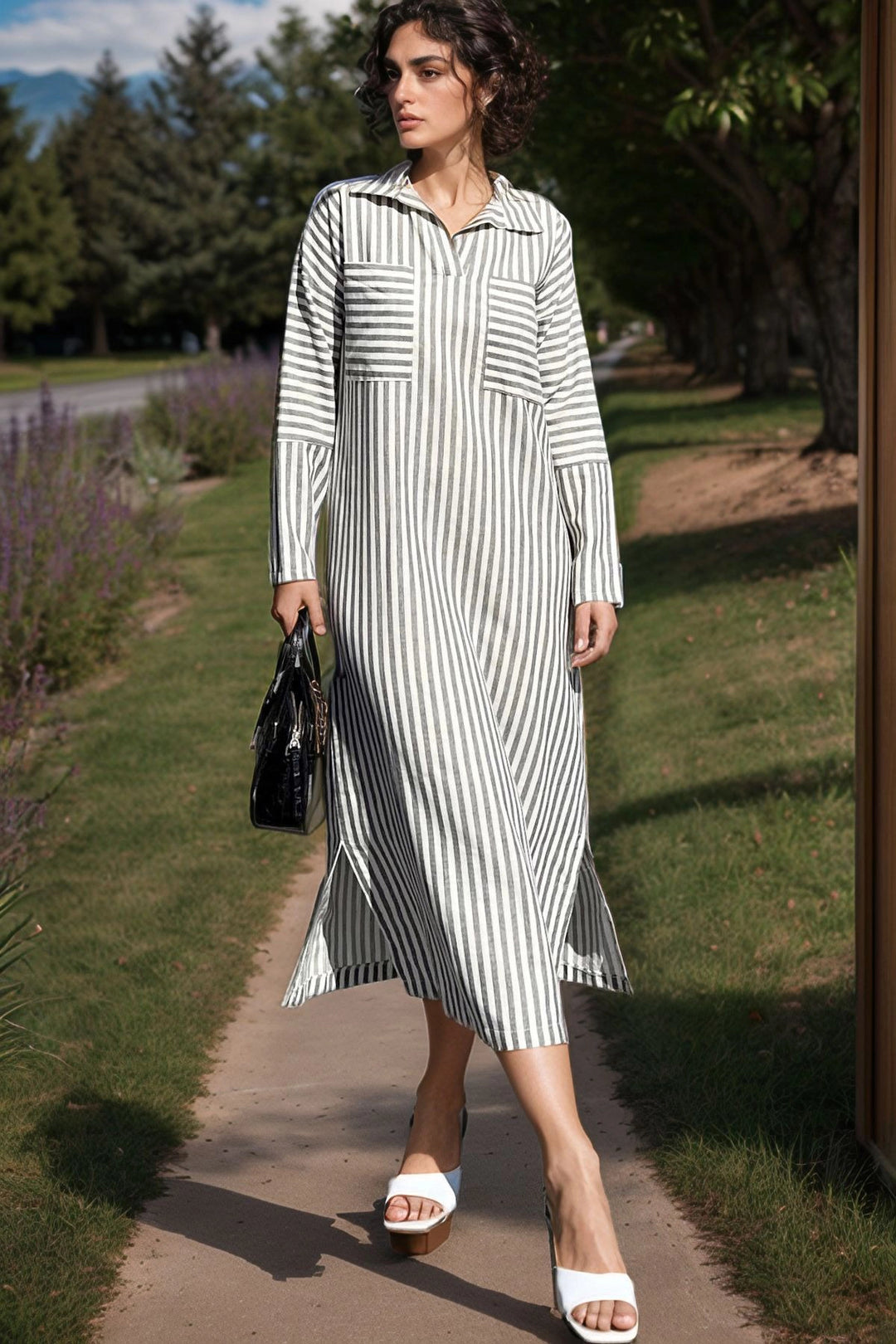 Anthracite Striped Polo Neck Pocket Side Slit Long Dress BCBSK-25700-3579 - Canterbury