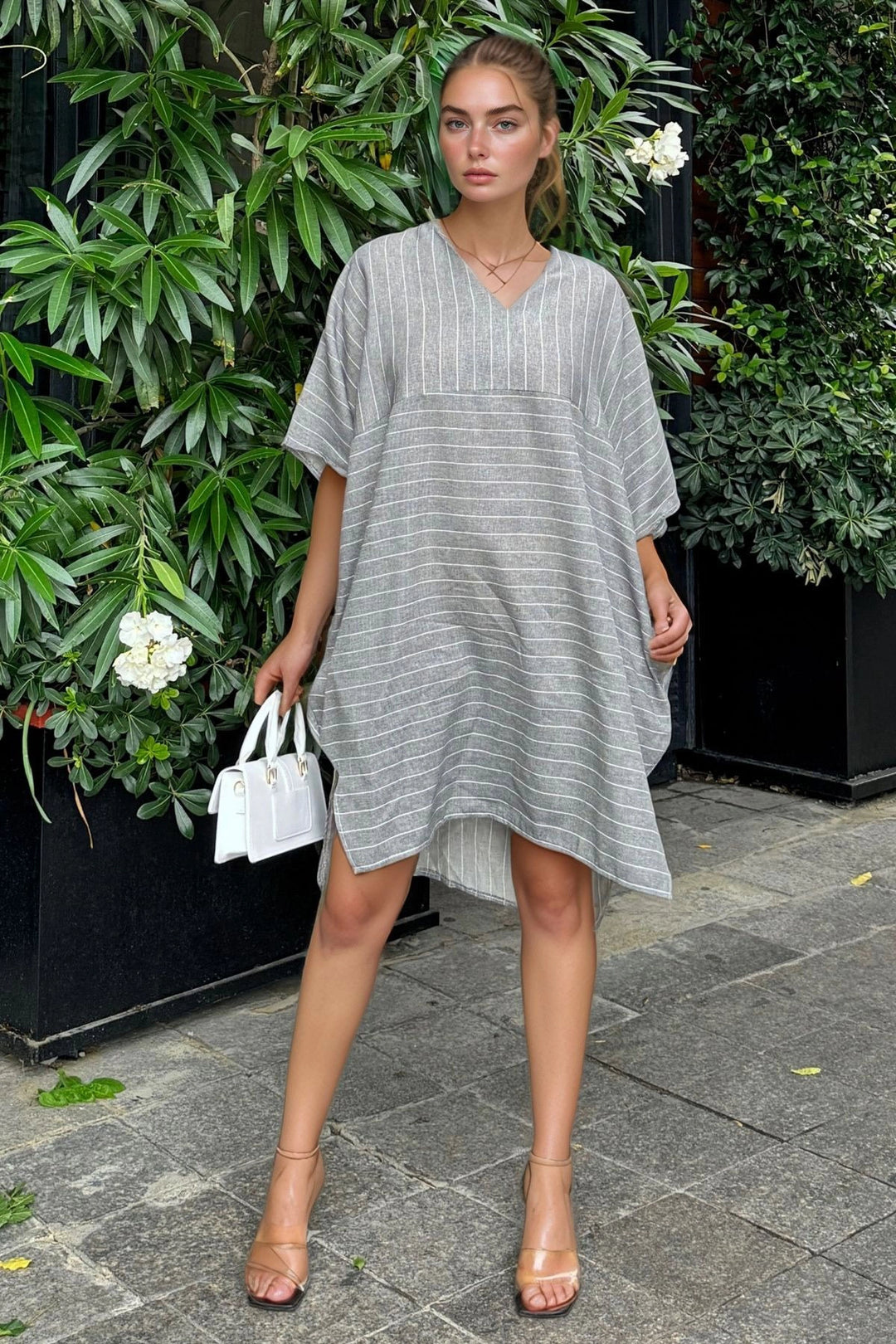 Anthracite Linen V-Neck Asymmetric Striped Loose Dress BCBSK-25700-3340 - Tortosa