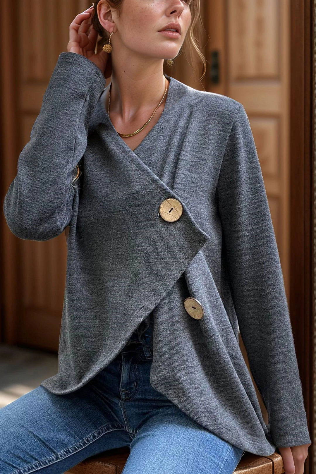 Anthracite Shawl Collar Asymmetric Cut Buttoned Slouchy Cardigan BCBSK-25700-3328 - Bergisch Gladbach
