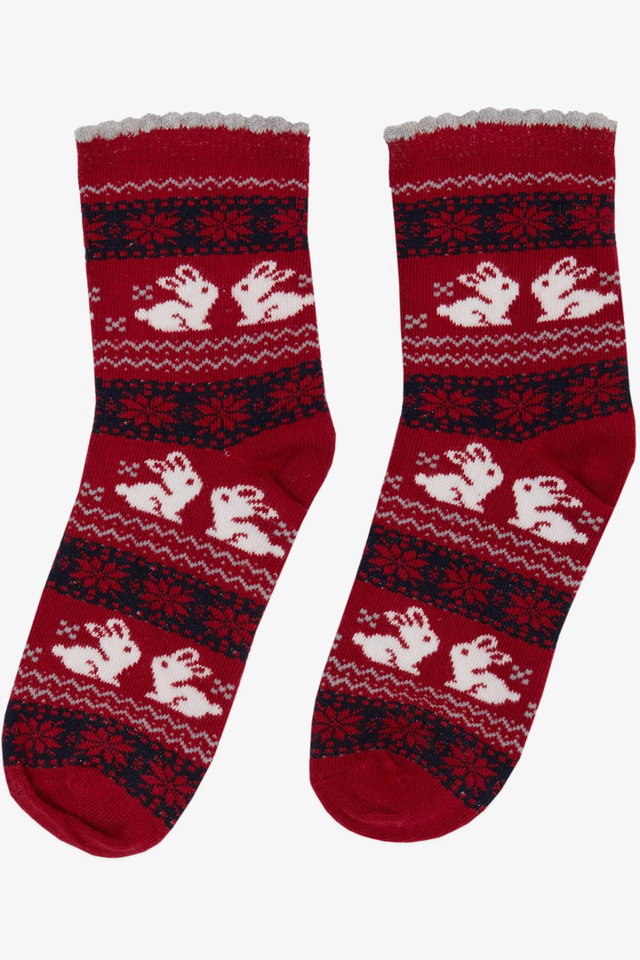 BRE Girls' Christmas Themed Bunny Printed Socks, 34 Years, Red - Columbia