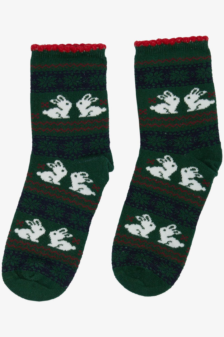BRE Girls' Christmas Themed Rabbit Printed Socks, Dark Green, 34 Years Old - Cleveland