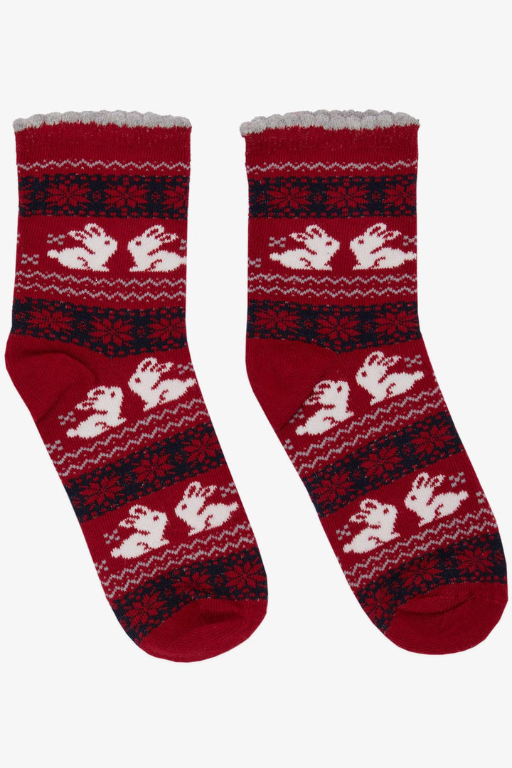 BRE Girls' Christmas Themed Bunny Printed Socks, 34 Years, Red - Columbia