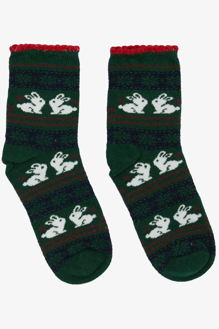 BRE Girls' Christmas Themed Rabbit Printed Socks, Dark Green, 34 Years Old - Cleveland
