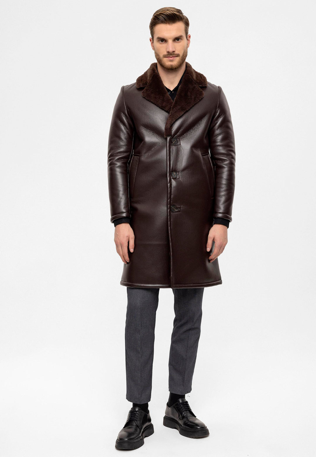 ANT Lining Detailed Faux Leather Men's Coat - Pleasanton
