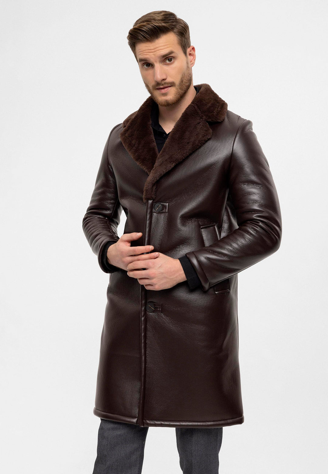 ANT Lining Detailed Faux Leather Men's Coat - Pleasanton