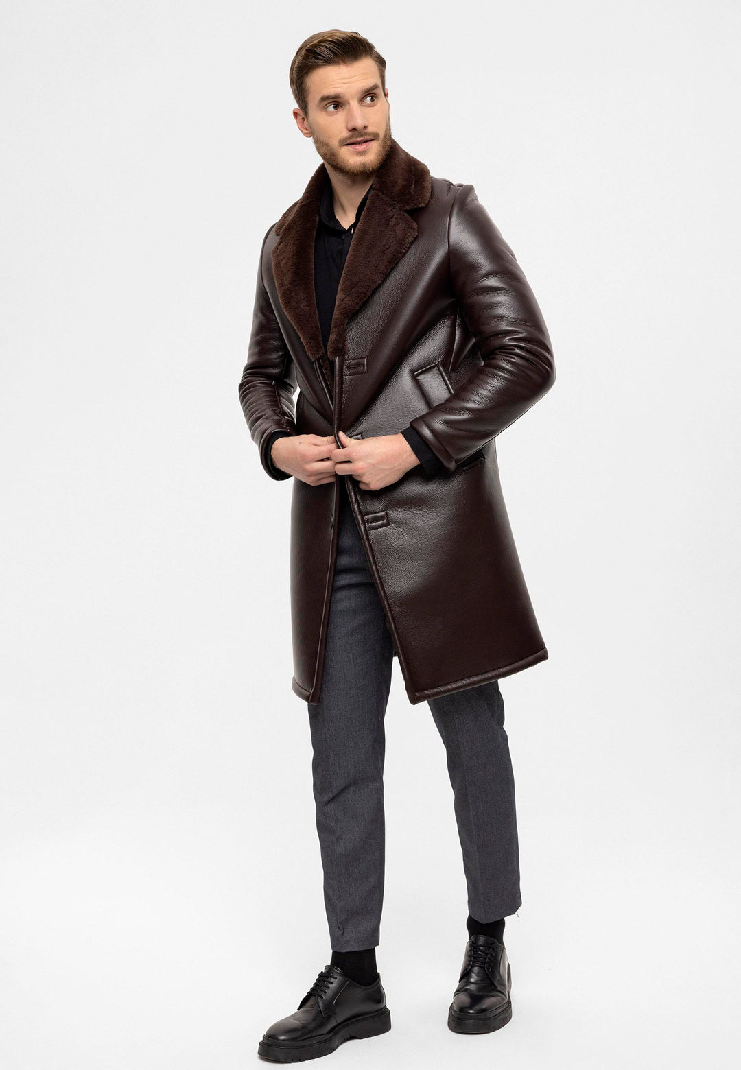 ANT Lining Detailed Faux Leather Men's Coat - Pleasanton