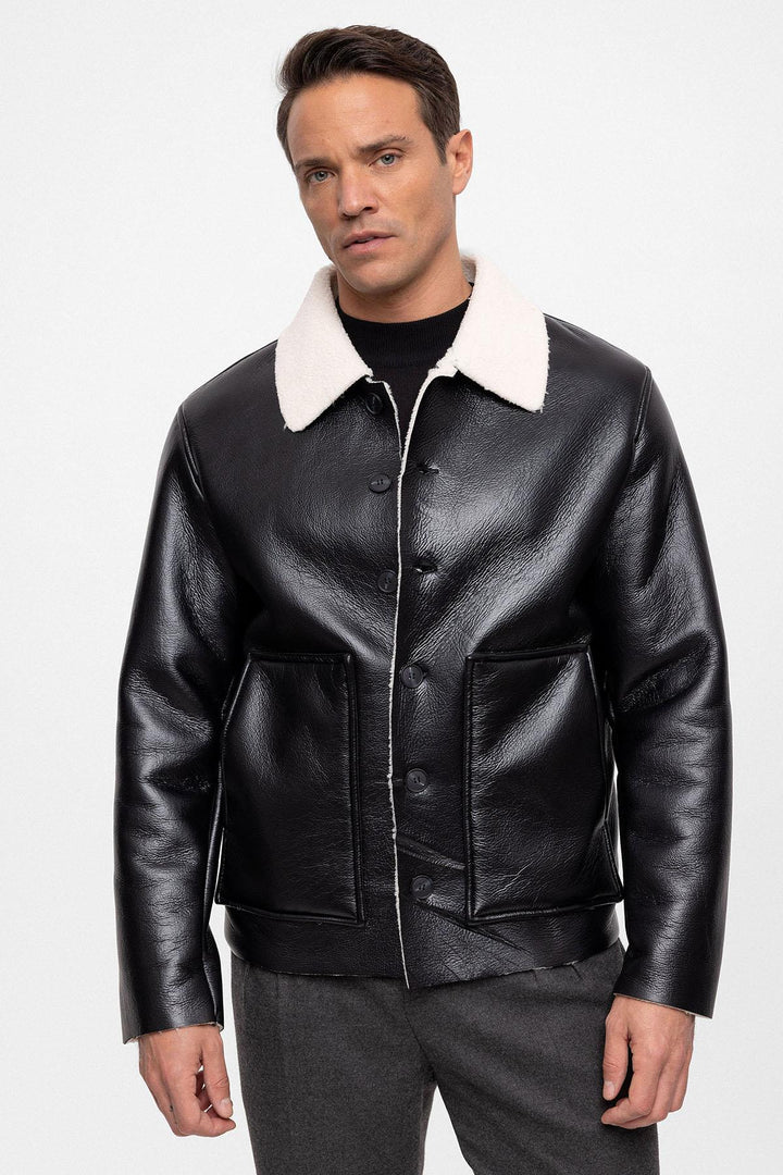 ANT Lining Detailed Faux Leather Men's Coat - Emmen