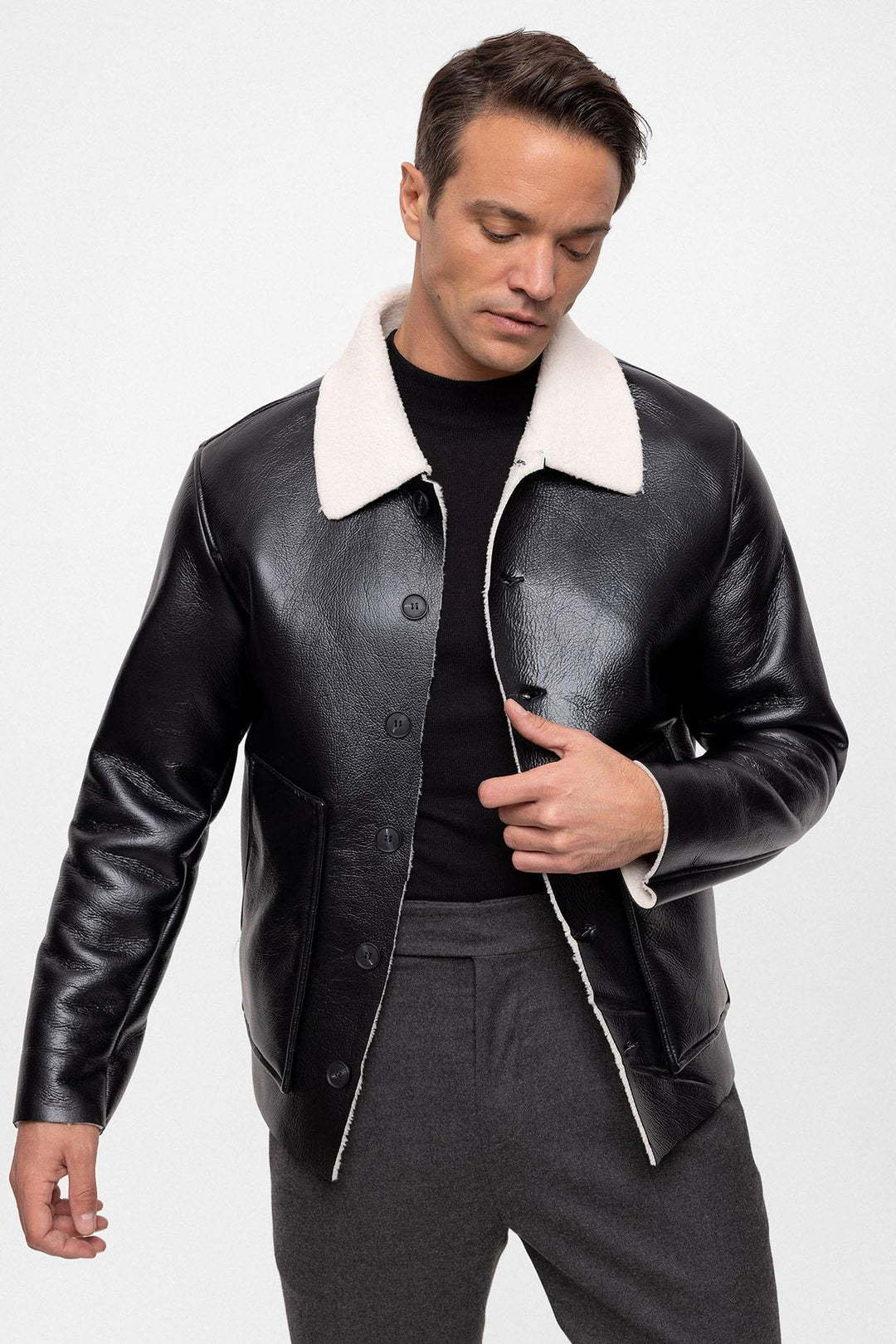ANT Lining Detailed Faux Leather Men's Coat - Emmen