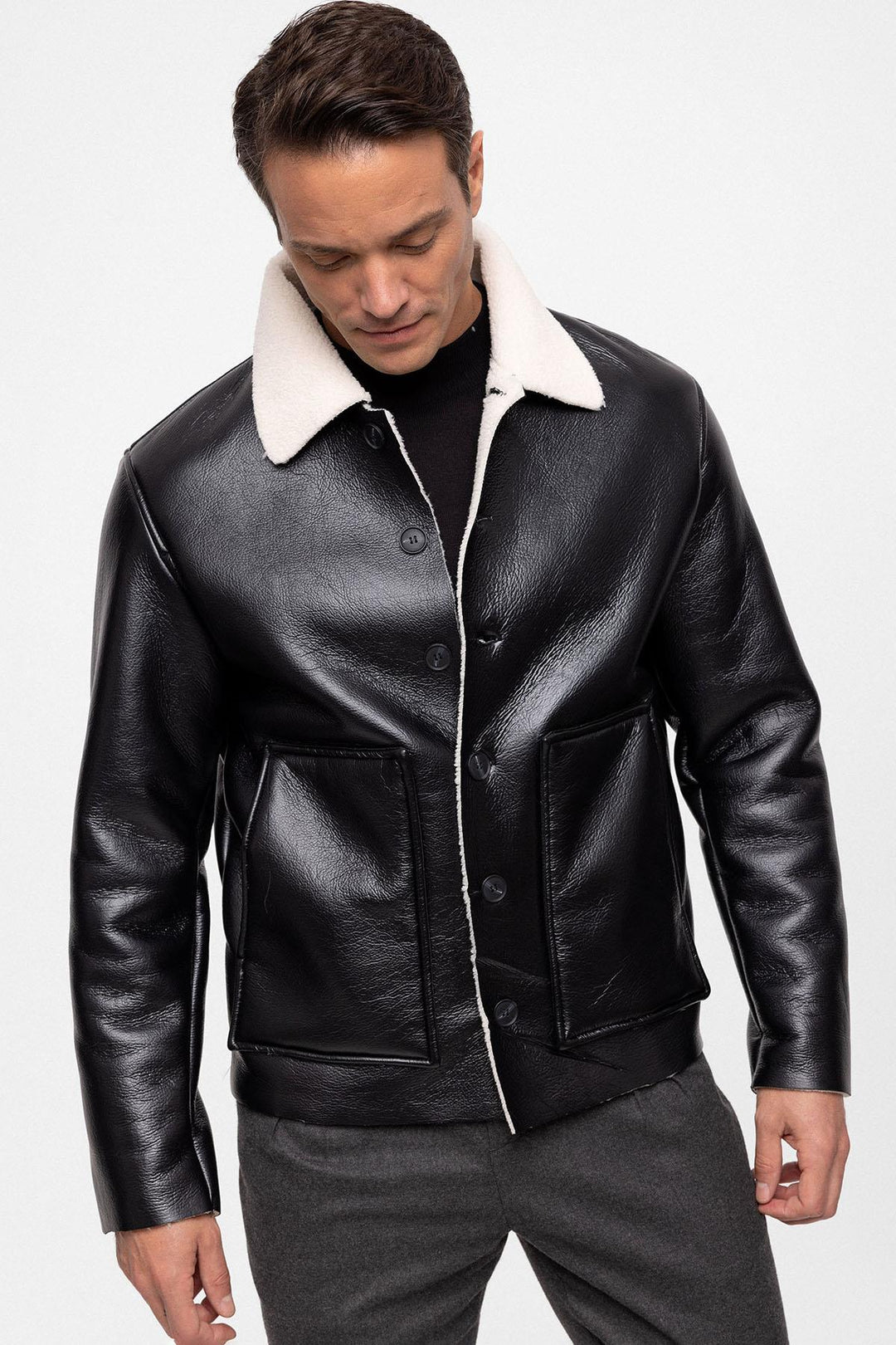 ANT Lining Detailed Faux Leather Men's Coat - Emmen