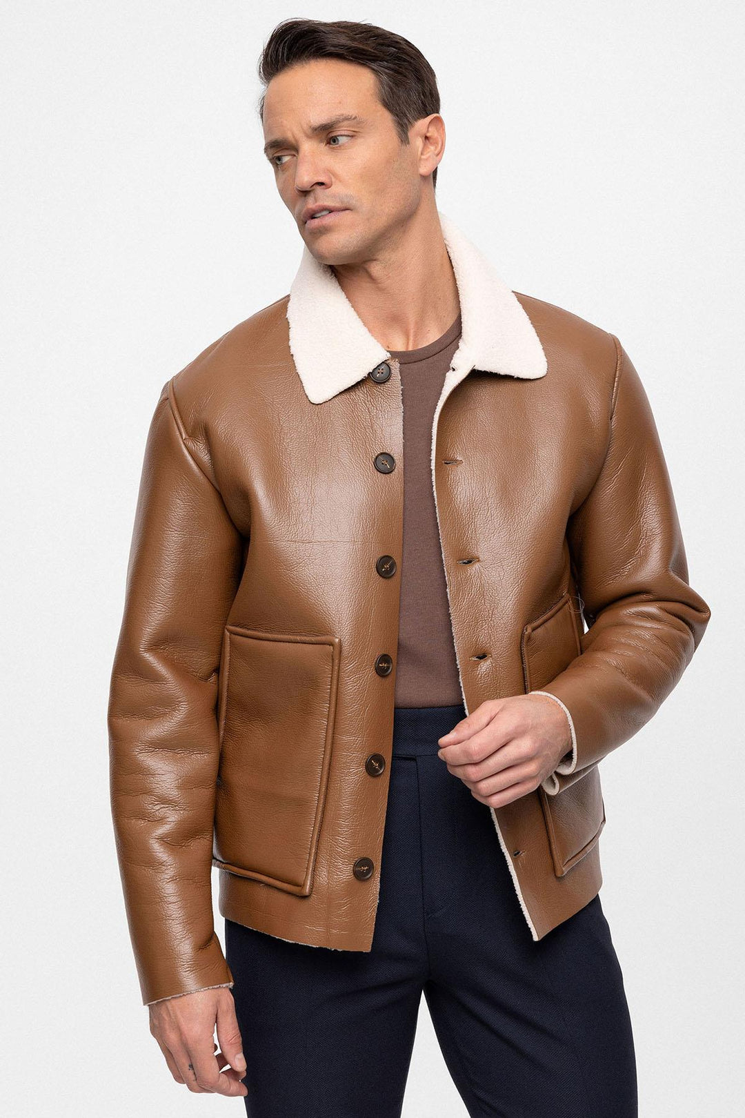 ANT Lining Detailed Faux Leather Men's Coat - Caluire-et-Cuire