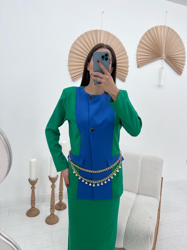 ELS Atlas Fabric Jacket and Skirt Set with Garnish - Green - Marco de Canavezes