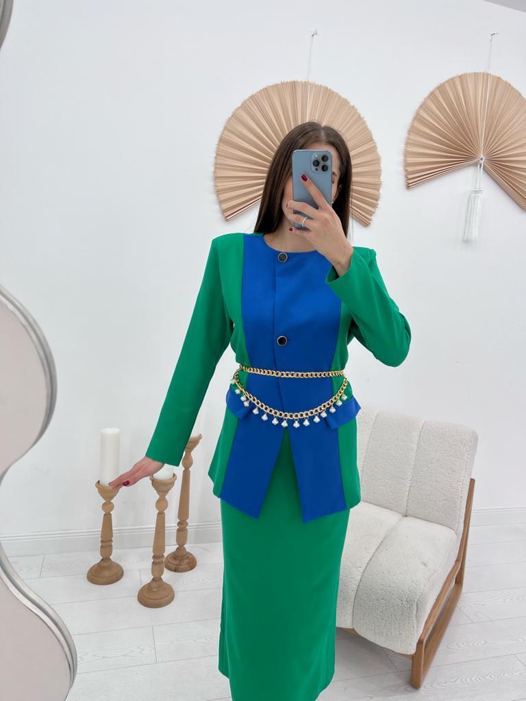 ELS Atlas Fabric Jacket and Skirt Set with Garnish - Green - Marco de Canavezes