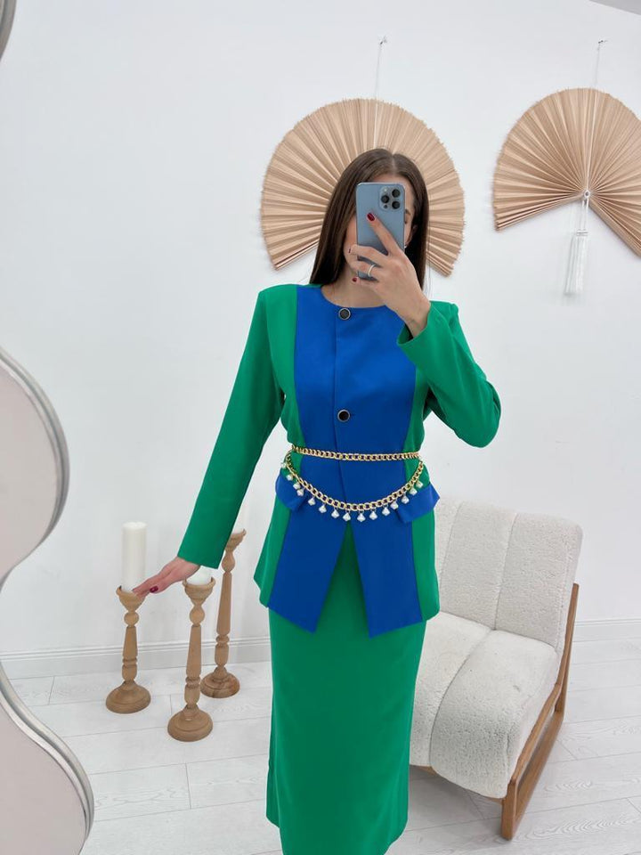 ELS Atlas Fabric Jacket and Skirt Set with Garnish - Green - Marco de Canavezes