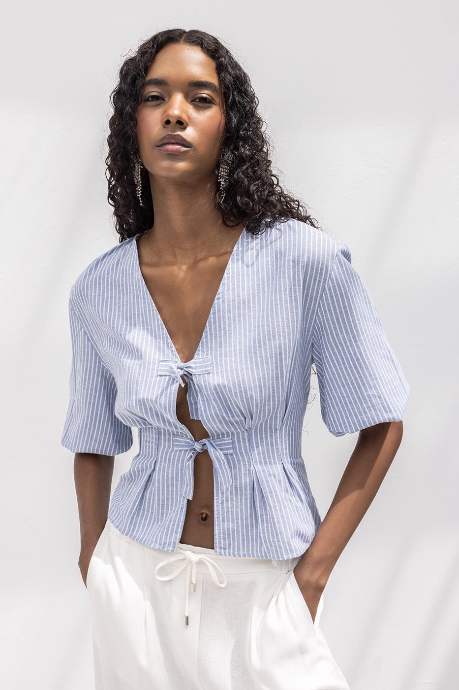 BSL Women Poplin Blouse with Tie Detail - Zamora