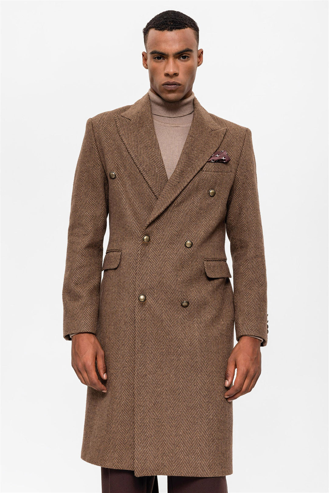 ANT Herringbone Patterned Double Breasted Men's Coat - North Ridgeville