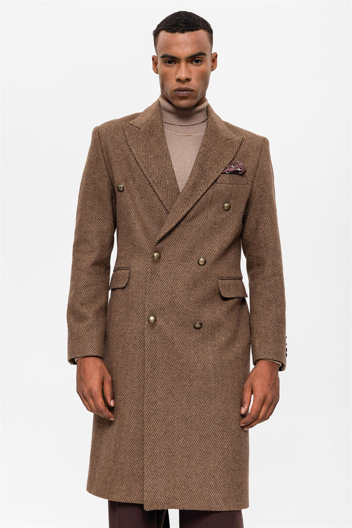 ANT Herringbone Patterned Double Breasted Men's Coat - North Ridgeville