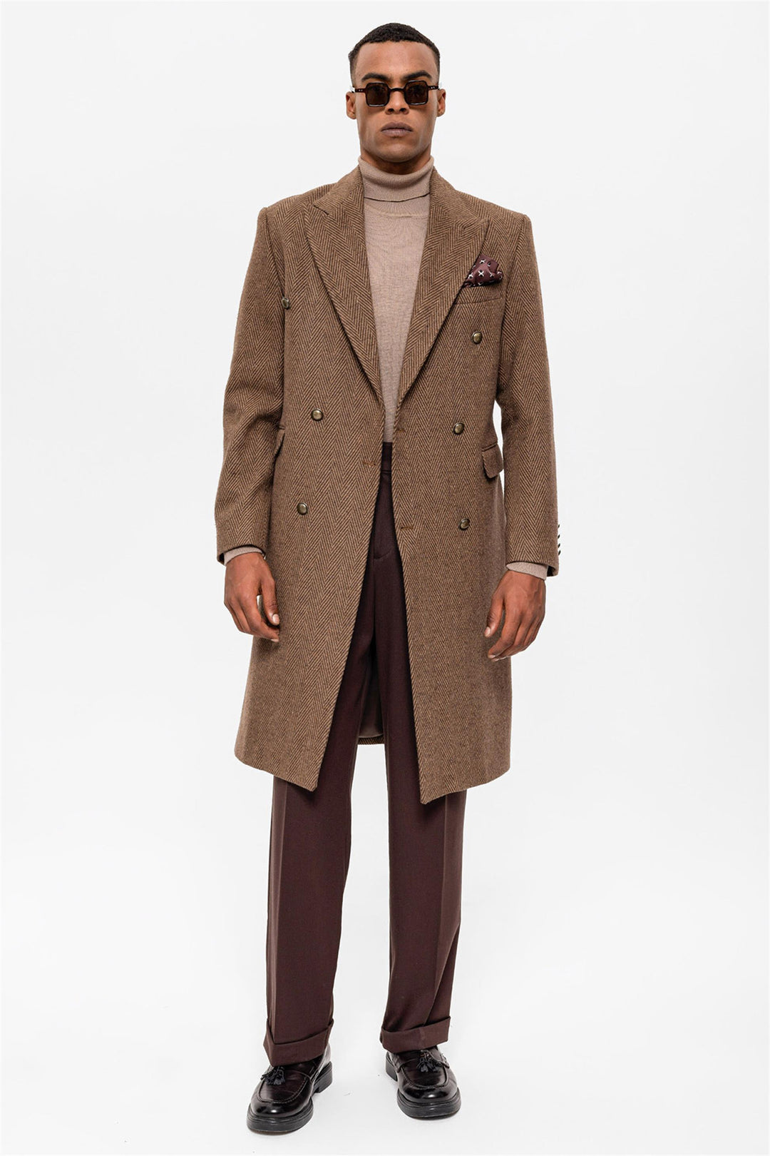 ANT Herringbone Patterned Double Breasted Men's Coat - North Ridgeville