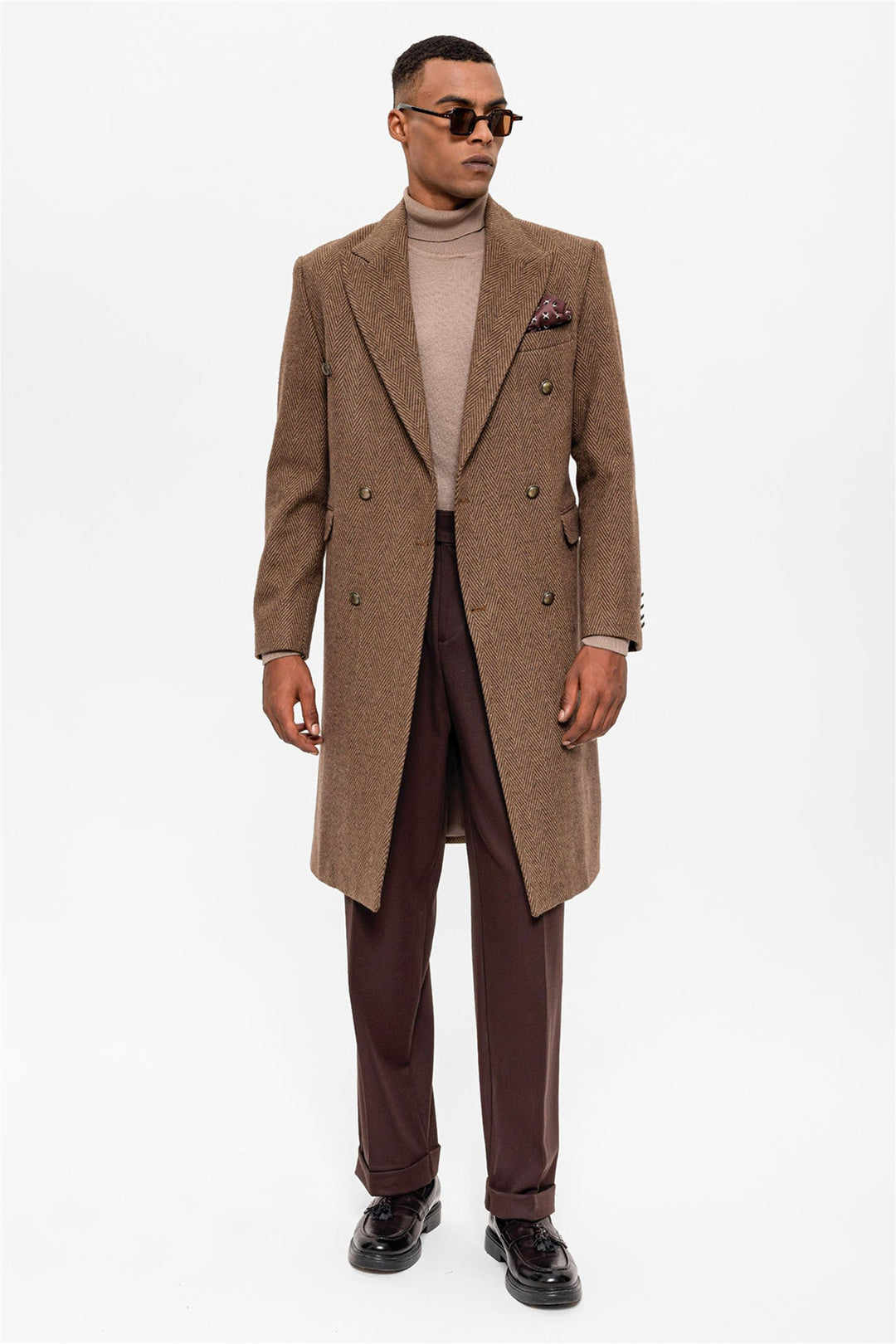 ANT Herringbone Patterned Double Breasted Men's Coat - North Ridgeville