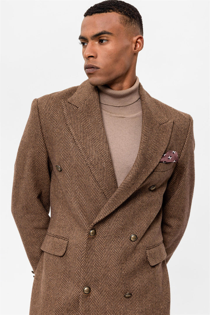 ANT Herringbone Patterned Double Breasted Men's Coat - North Ridgeville